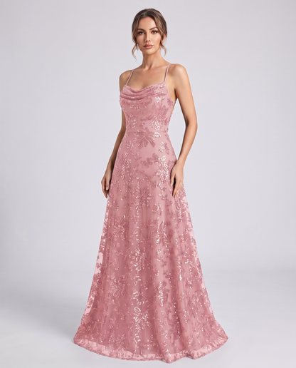 Blush Sequined Lace Spaghetti Strap Cowl Neck A-Line Maxi Dress | Ramblion