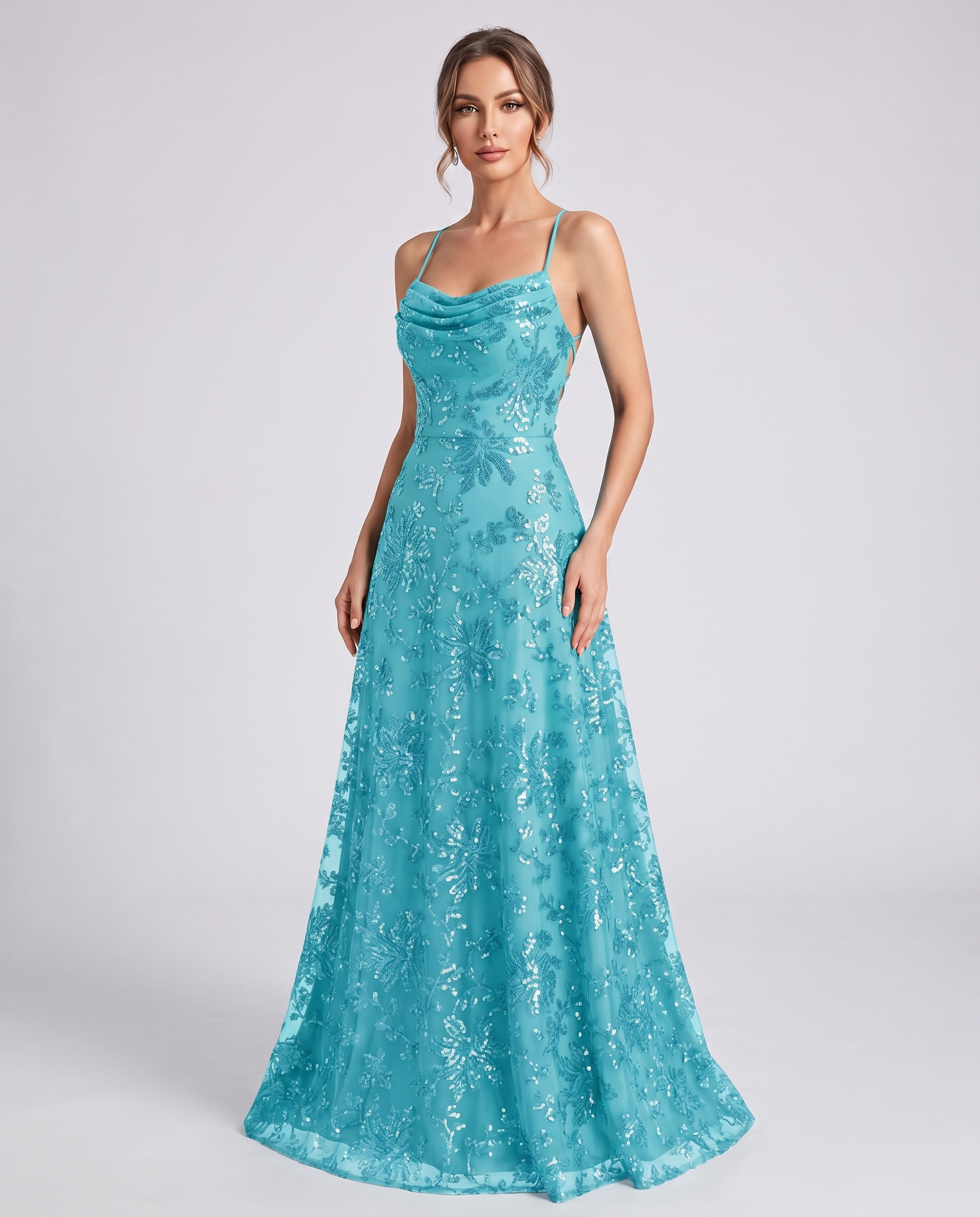 Blue Sequined Lace Spaghetti Strap Cowl Neck A-Line Maxi Dress | Ramblion