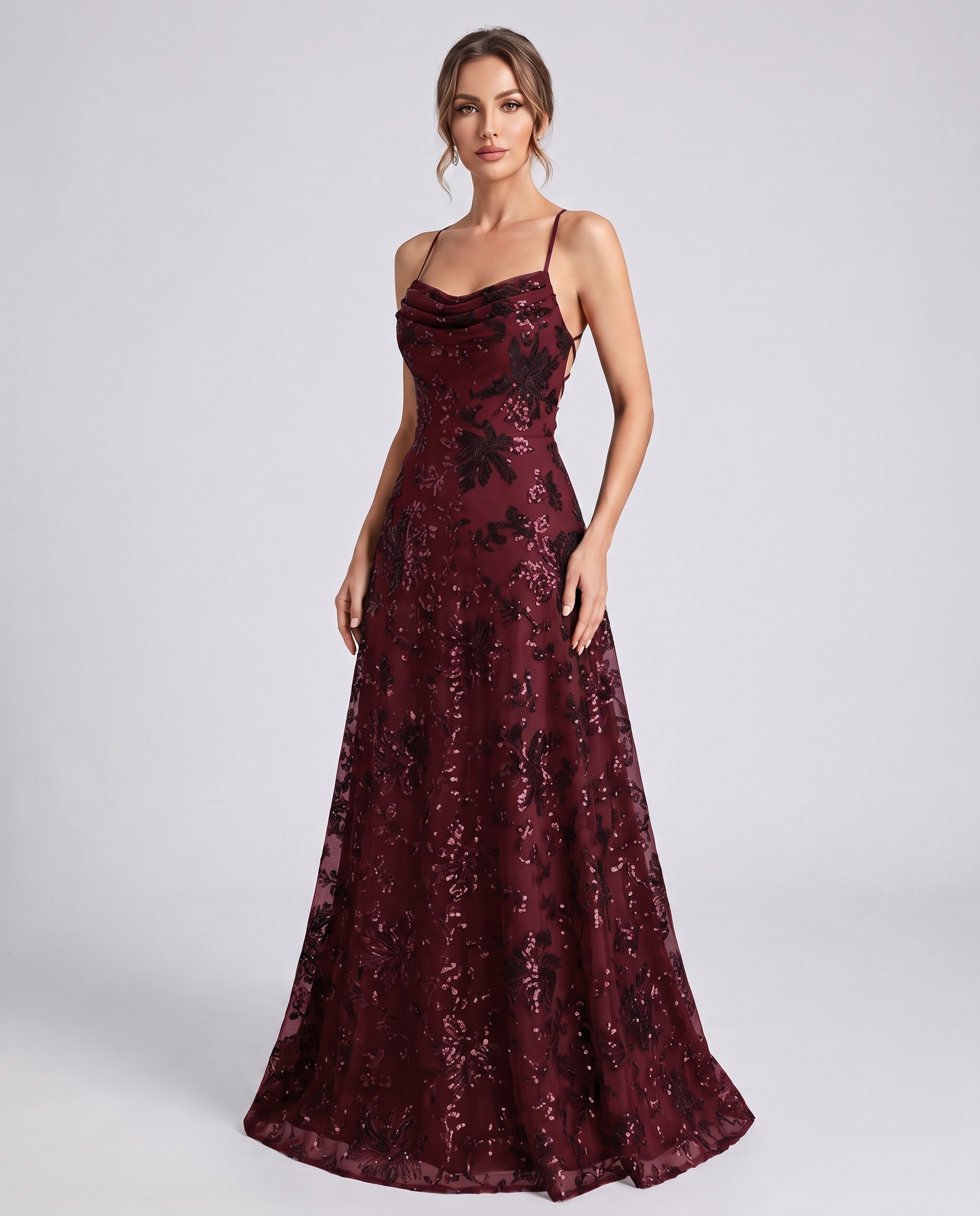 Burgundy Sequined Lace Spaghetti Strap Cowl Neck A-Line Maxi Dress | Ramblion