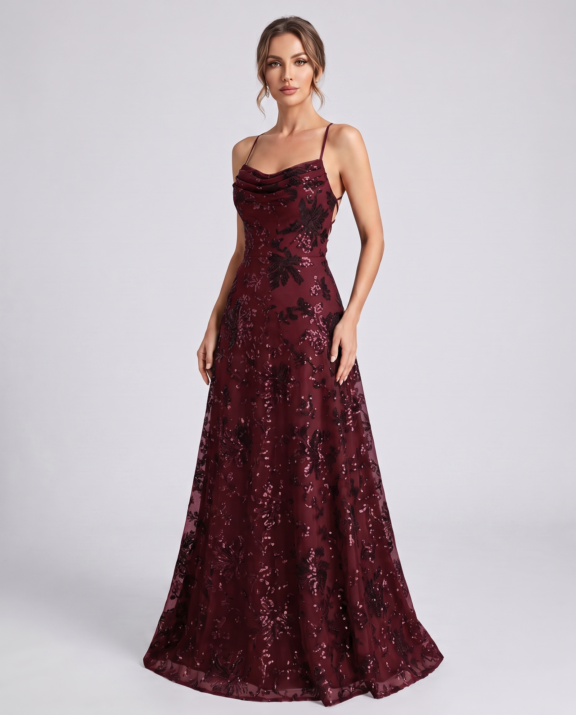 Burgundy Sequined Lace Spaghetti Strap Cowl Neck A-Line Maxi Dress | Ramblion