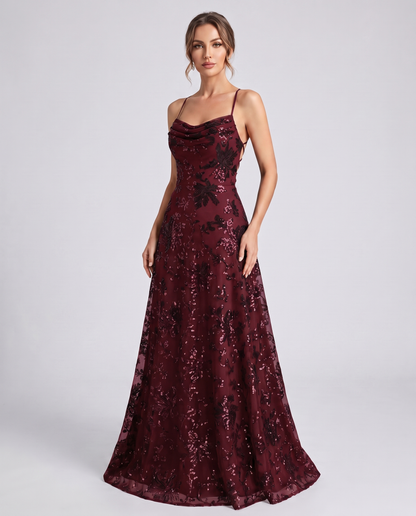 Burgundy Sequined Lace Spaghetti Strap Cowl Neck A-Line Maxi Dress | Ramblion