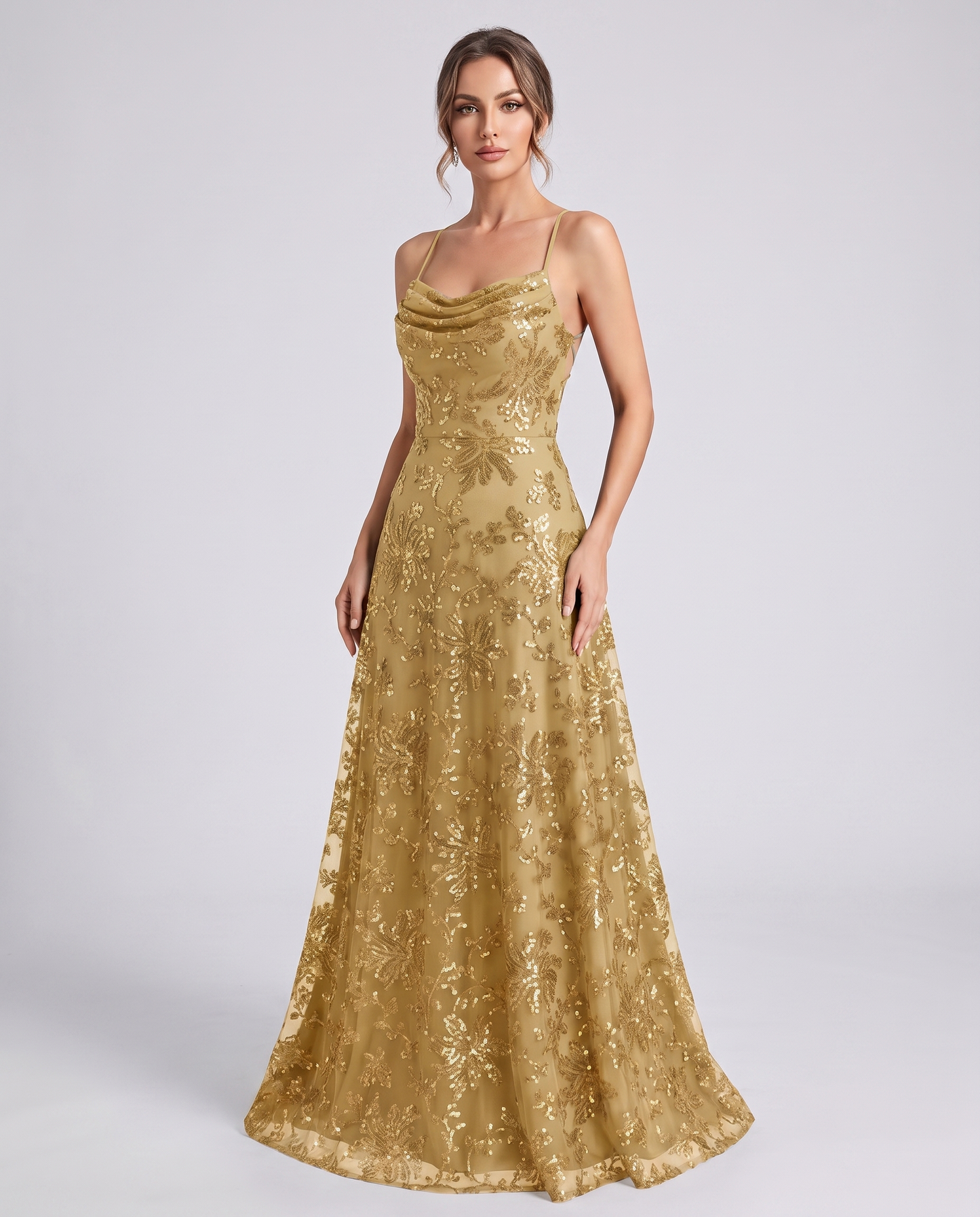 Gold Sequined Lace Spaghetti Strap Cowl Neck A-Line Maxi Dress | Ramblion