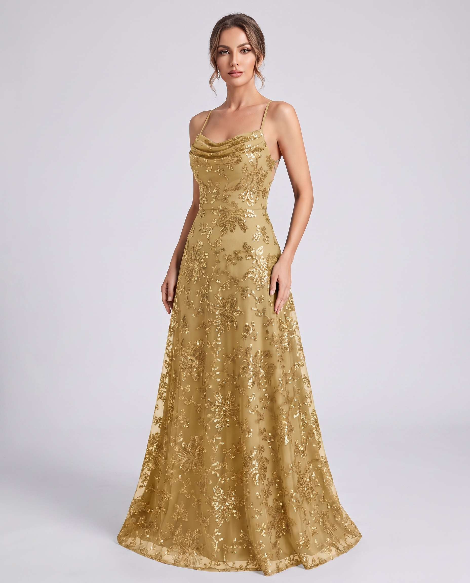 Gold Sequined Lace Spaghetti Strap Cowl Neck A-Line Maxi Dress | Ramblion