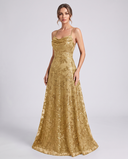 Gold Sequined Lace Spaghetti Strap Cowl Neck A-Line Maxi Dress | Ramblion