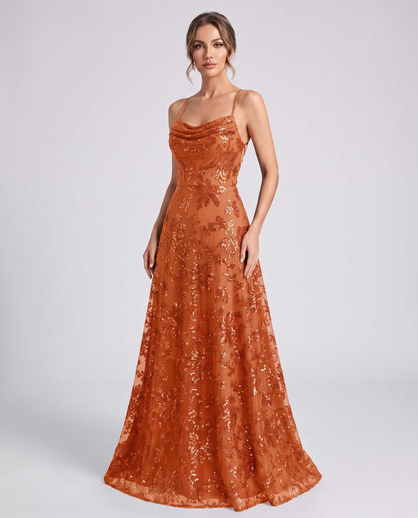 Burnt orange Sequined Lace Spaghetti Strap Cowl Neck A-Line Maxi Dress | Ramblion