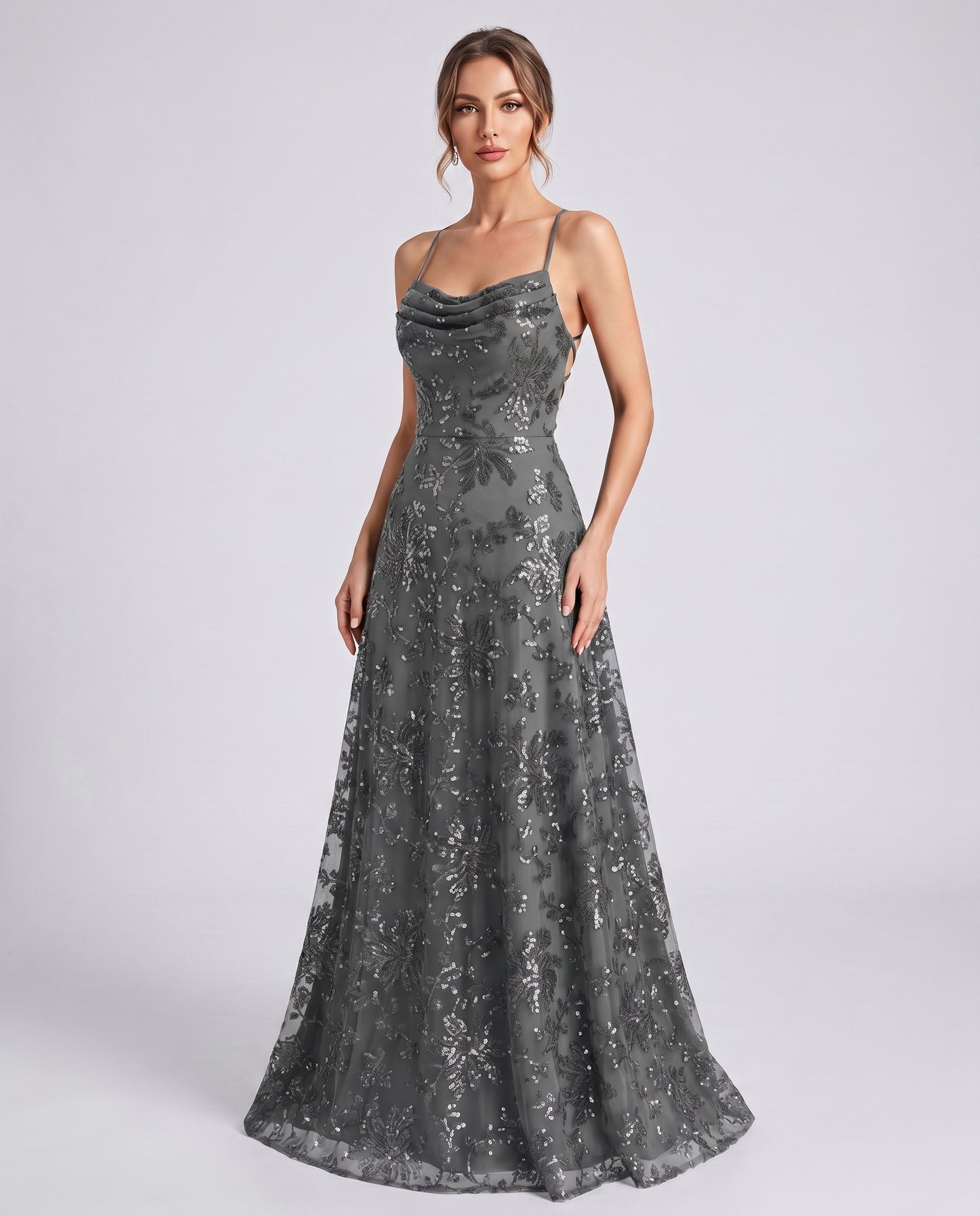 Grey Sequined Lace Spaghetti Strap Cowl Neck A-Line Maxi Dress | Ramblion
