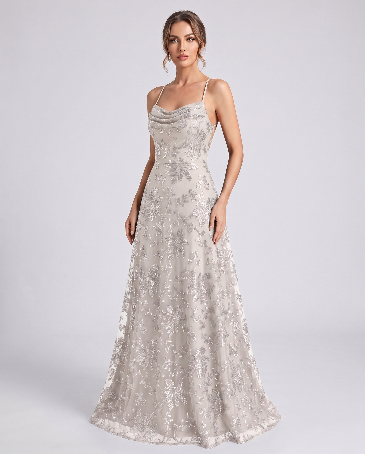 Ivory Sequined Lace Spaghetti Strap Cowl Neck A-Line Maxi Dress | Ramblion