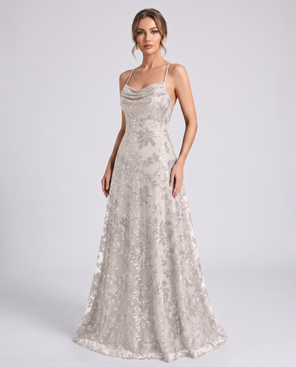 Ivory Sequined Lace Spaghetti Strap Cowl Neck A-Line Maxi Dress | Ramblion