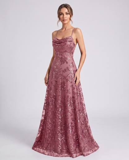 Dusty rose Sequined Lace Spaghetti Strap Cowl Neck A-Line Maxi Dress | Ramblion
