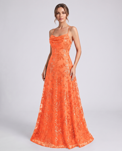 Orange Sequined Lace Spaghetti Strap Cowl Neck A-Line Maxi Dress | Ramblion