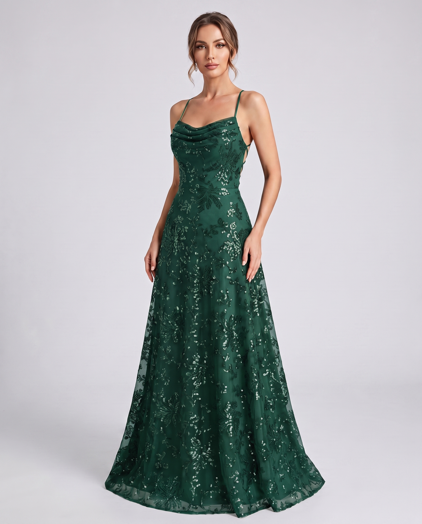 Emerald Sequined Lace Spaghetti Strap Cowl Neck A-Line Maxi Dress | Ramblion
