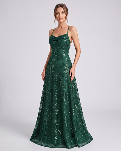 Emerald Sequined Lace Spaghetti Strap Cowl Neck A-Line Maxi Dress | Ramblion