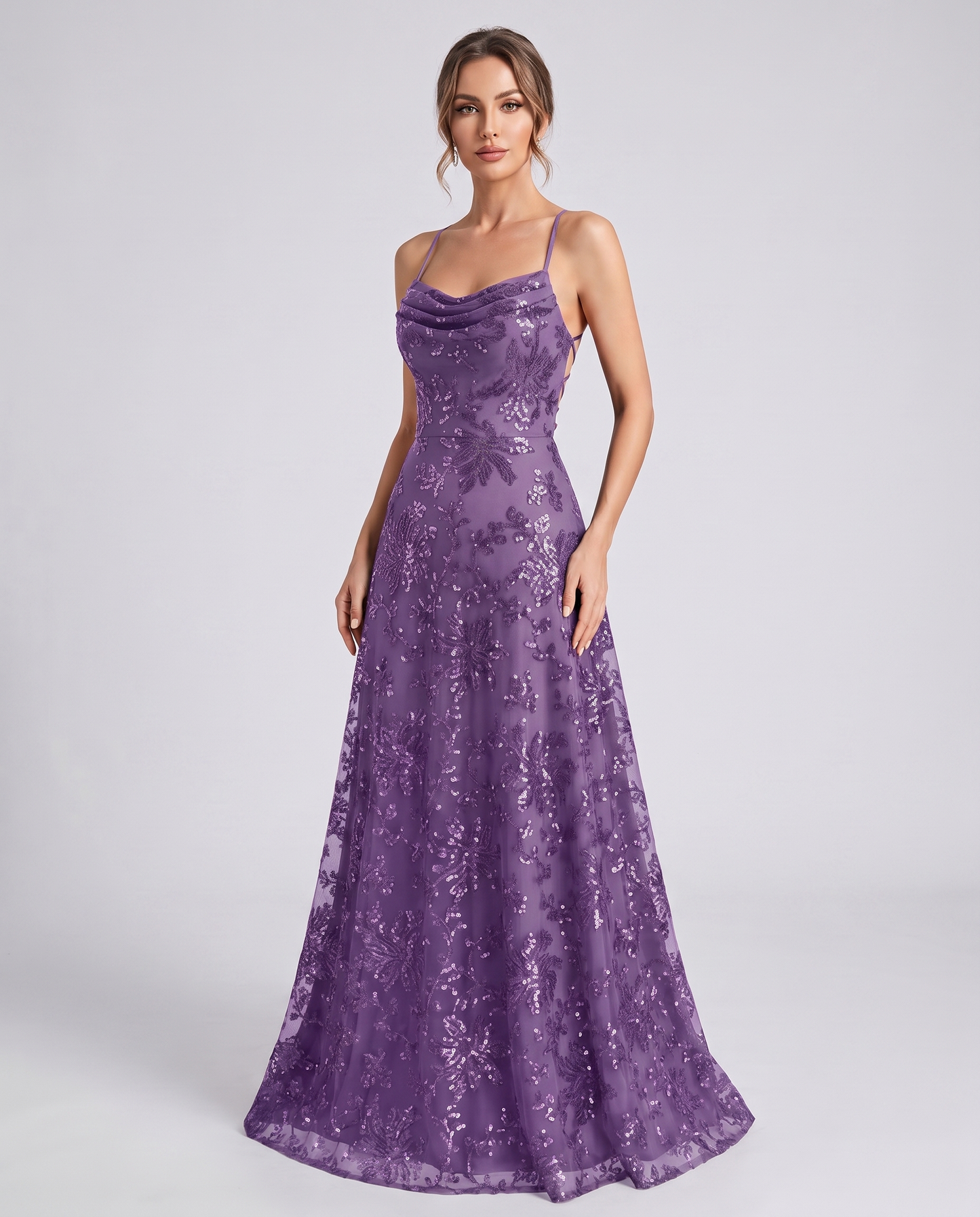 Purple Sequined Lace Spaghetti Strap Cowl Neck A-Line Maxi Dress | Ramblion