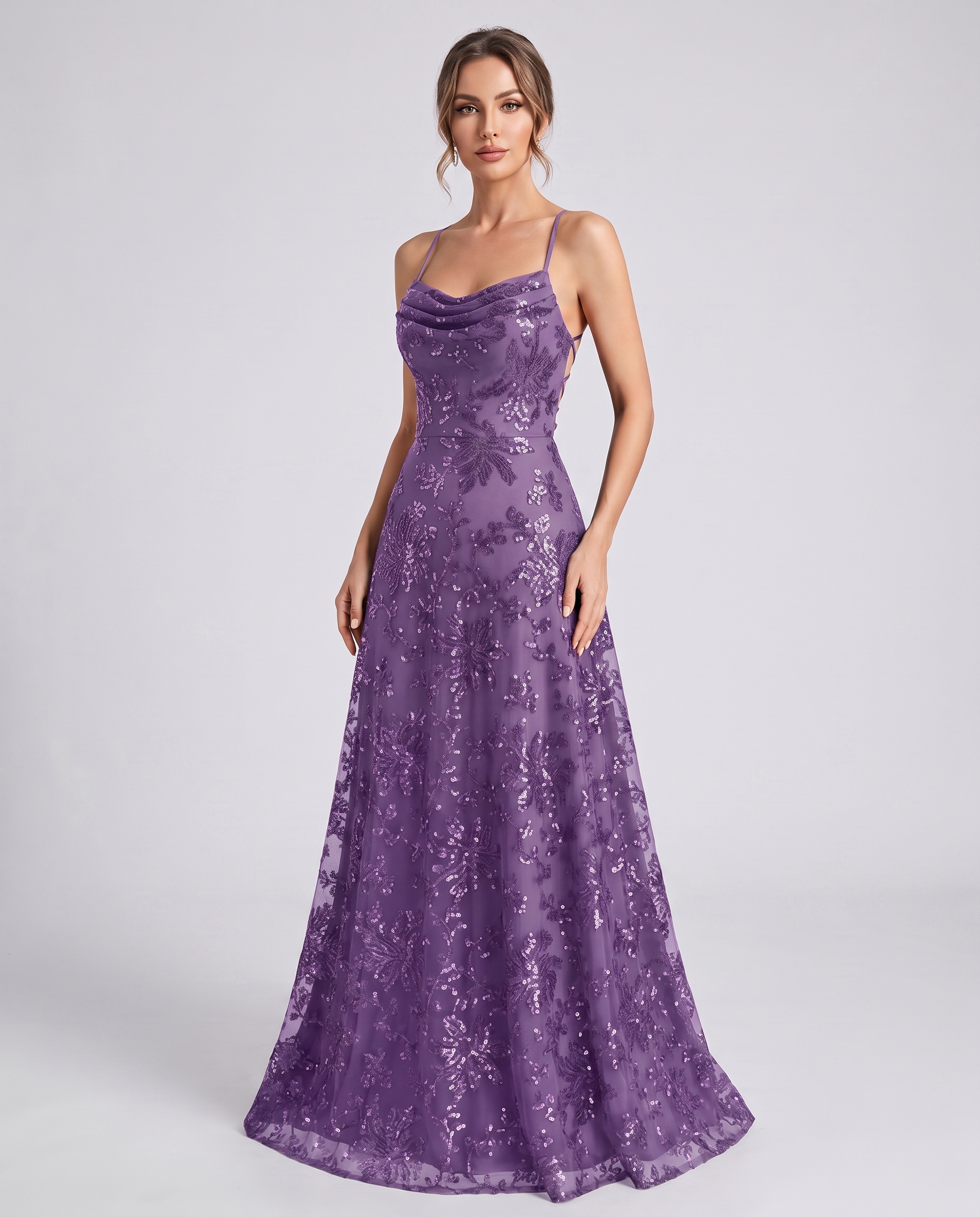 Purple Sequined Lace Spaghetti Strap Cowl Neck A-Line Maxi Dress | Ramblion