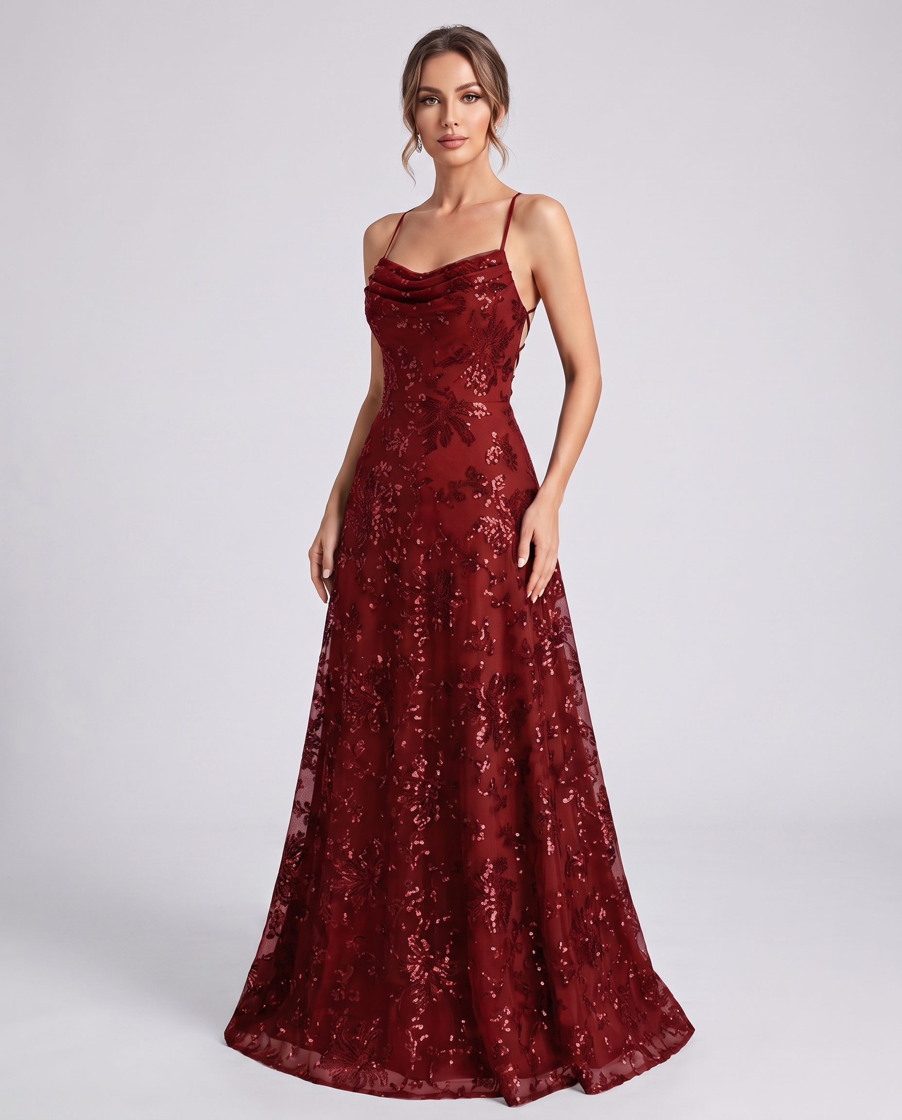 Red Sequined Lace Spaghetti Strap Cowl Neck A-Line Maxi Dress | Ramblion