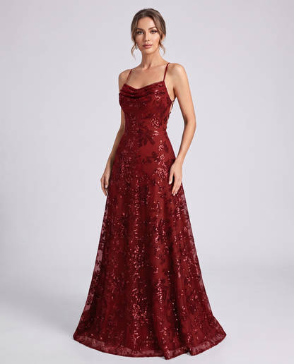 Red Sequined Lace Spaghetti Strap Cowl Neck A-Line Maxi Dress | Ramblion