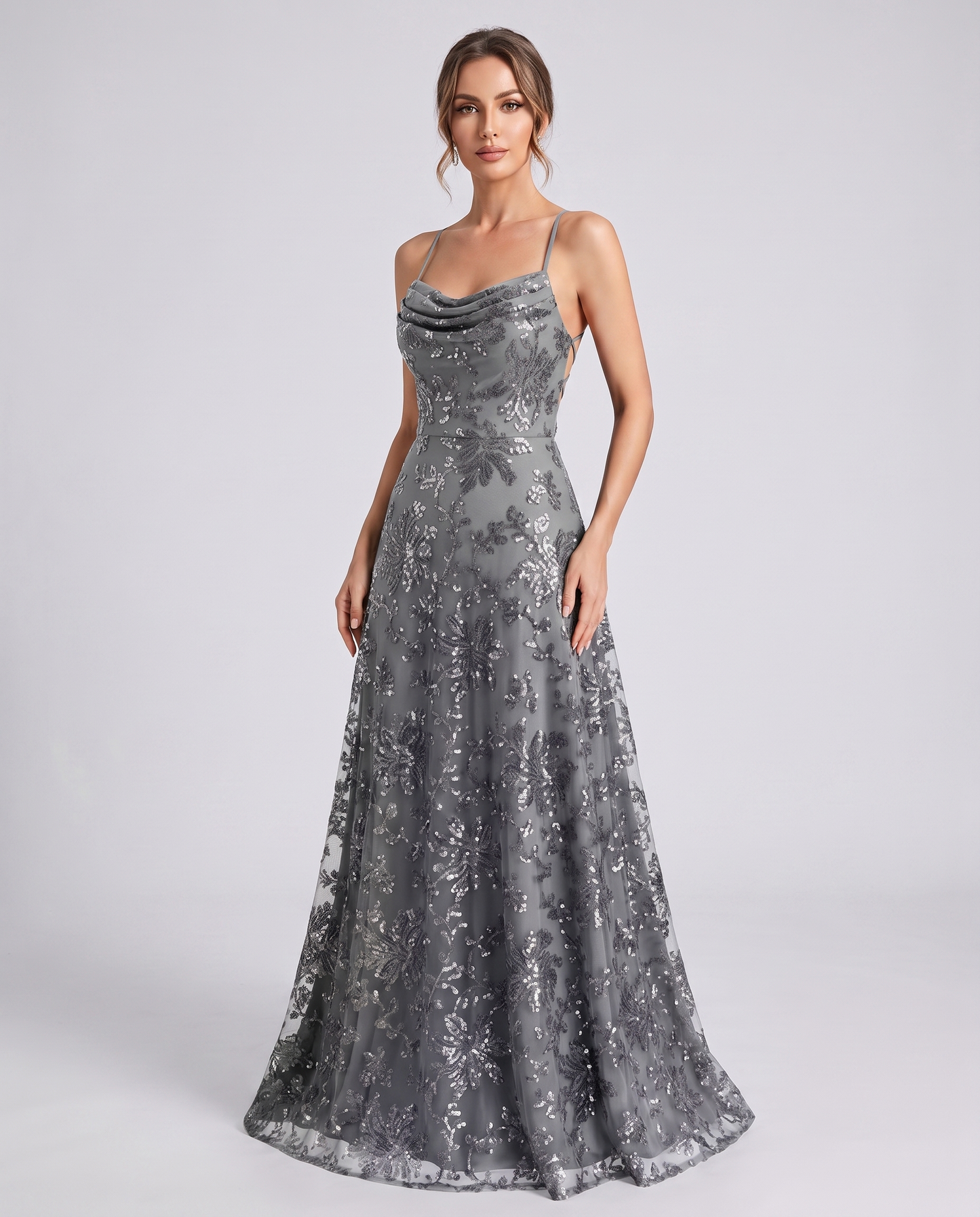 Silver Sequined Lace Spaghetti Strap Cowl Neck A-Line Maxi Dress | Ramblion