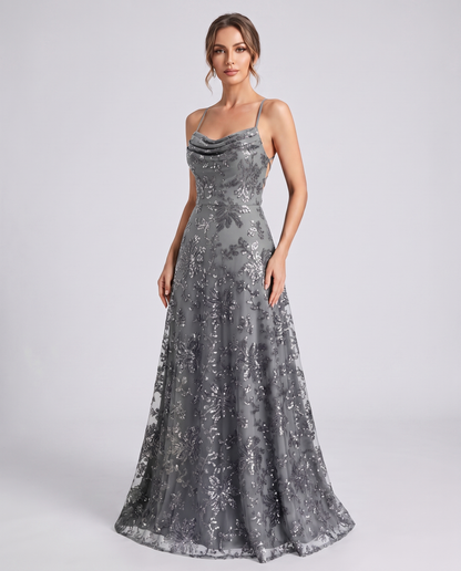 Silver Sequined Lace Spaghetti Strap Cowl Neck A-Line Maxi Dress | Ramblion