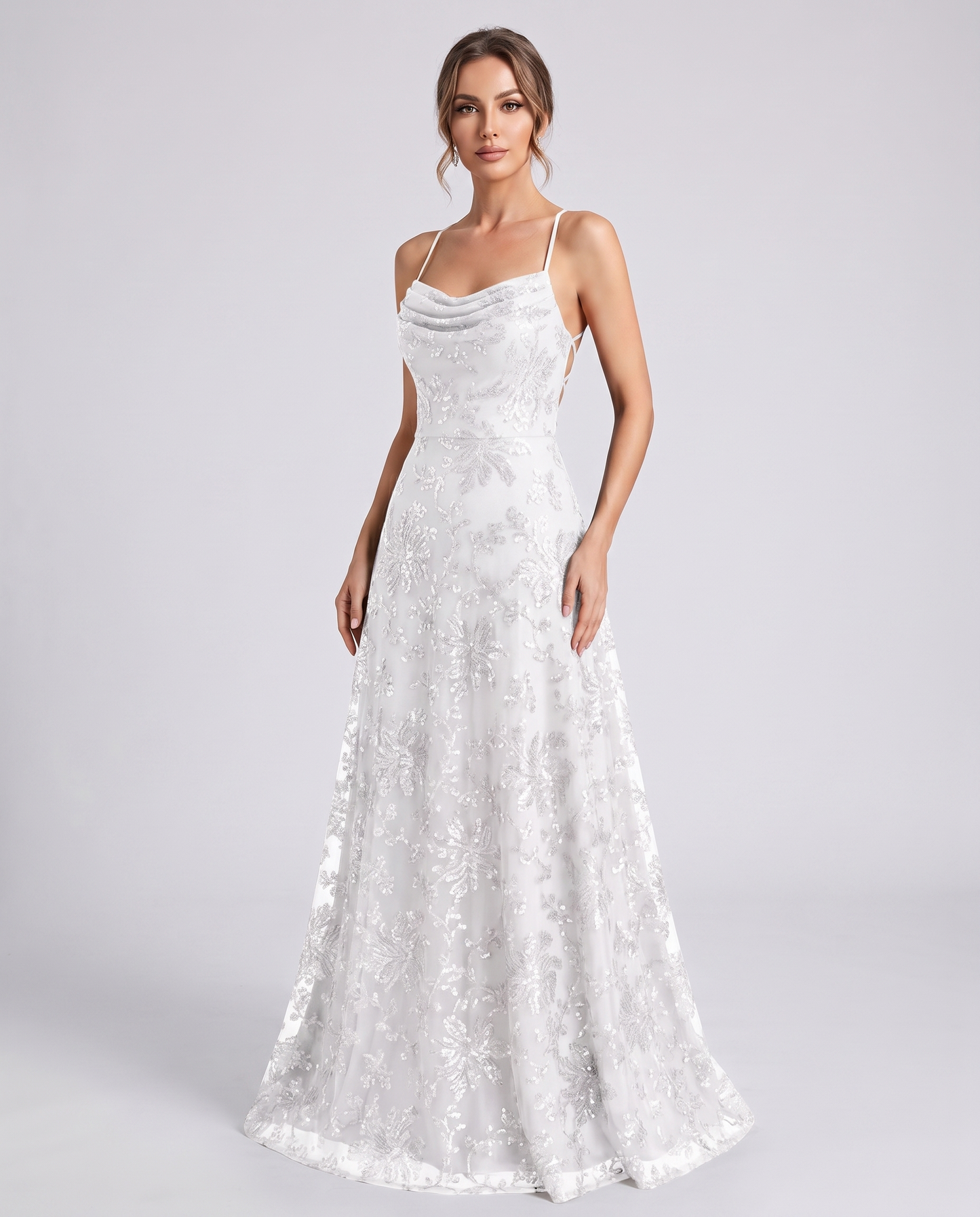 White Sequined Lace Spaghetti Strap Cowl Neck A-Line Maxi Dress | Ramblion