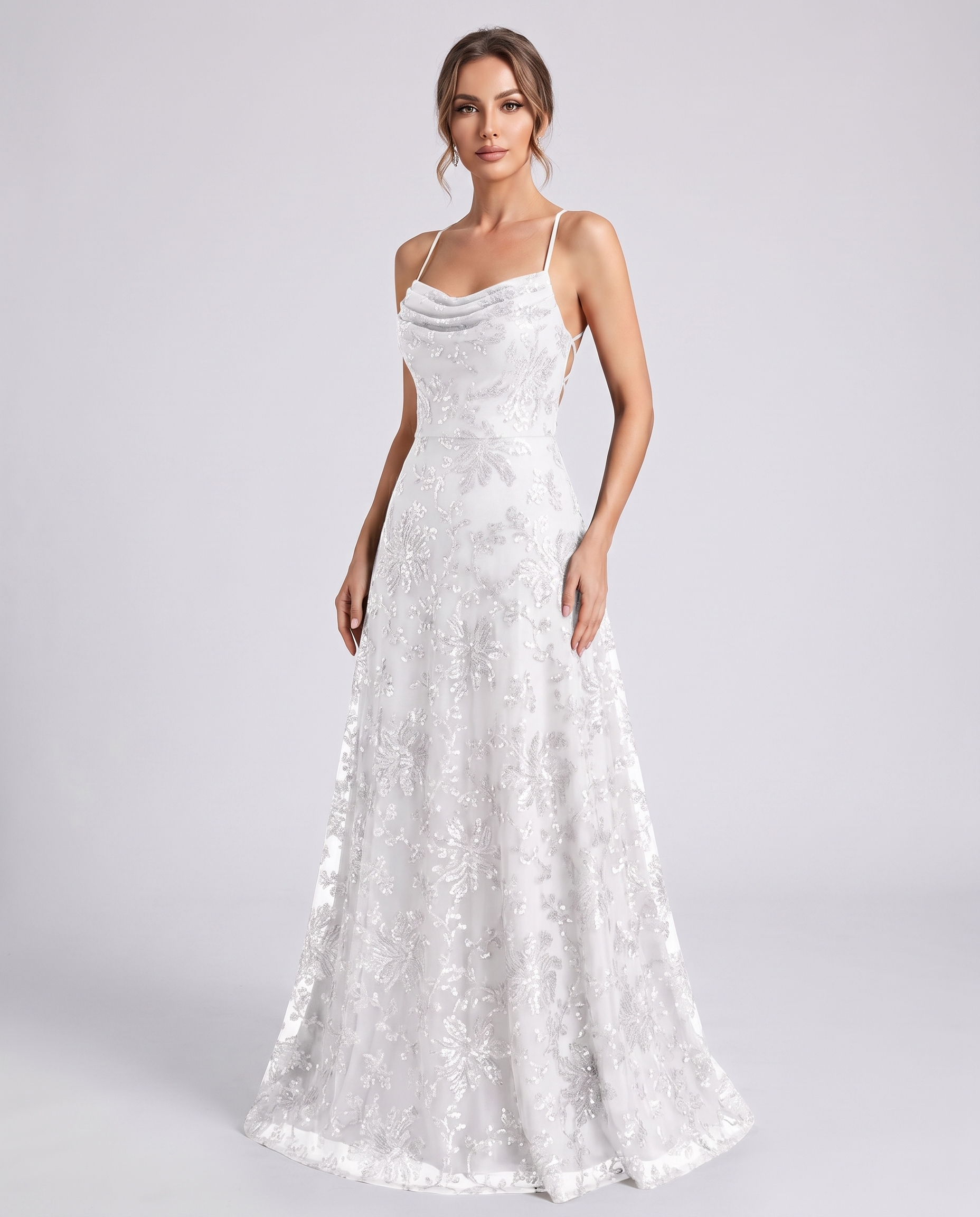 White Sequined Lace Spaghetti Strap Cowl Neck A-Line Maxi Dress | Ramblion