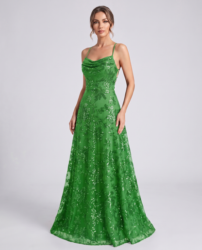Green Sequined Lace Spaghetti Strap Cowl Neck A-Line Maxi Dress | Ramblion