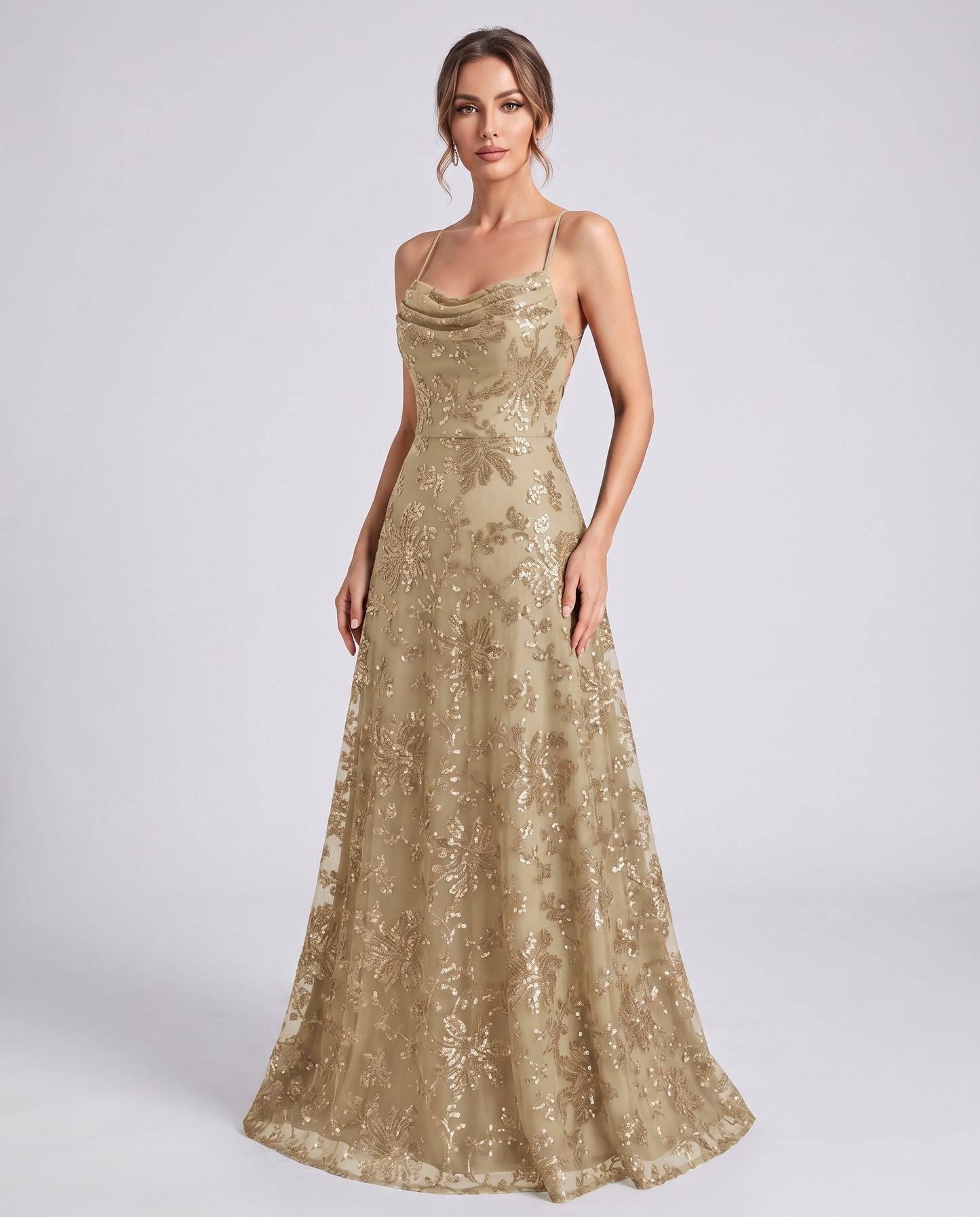 Сhampagne Sequined Lace Spaghetti Strap Cowl Neck A-Line Maxi Dress | Ramblion