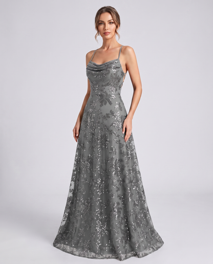 Gray Sequined Lace Spaghetti Strap Cowl Neck A-Line Maxi Dress | Ramblion