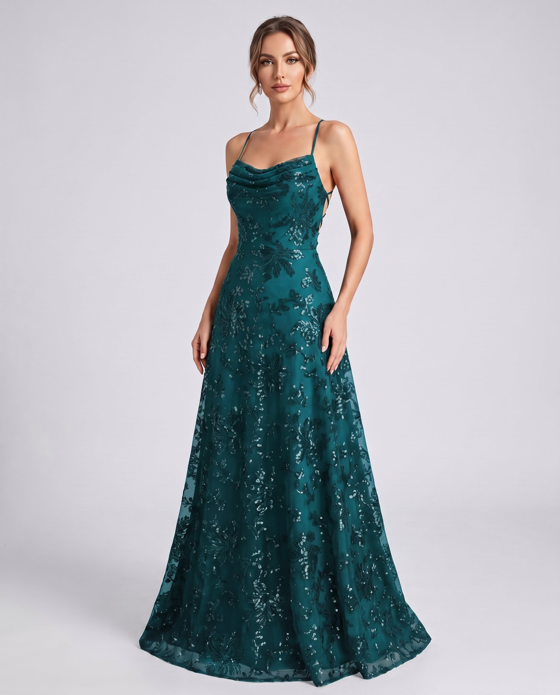 Aqua Sequined Lace Spaghetti Strap Cowl Neck A-Line Maxi Dress | Ramblion