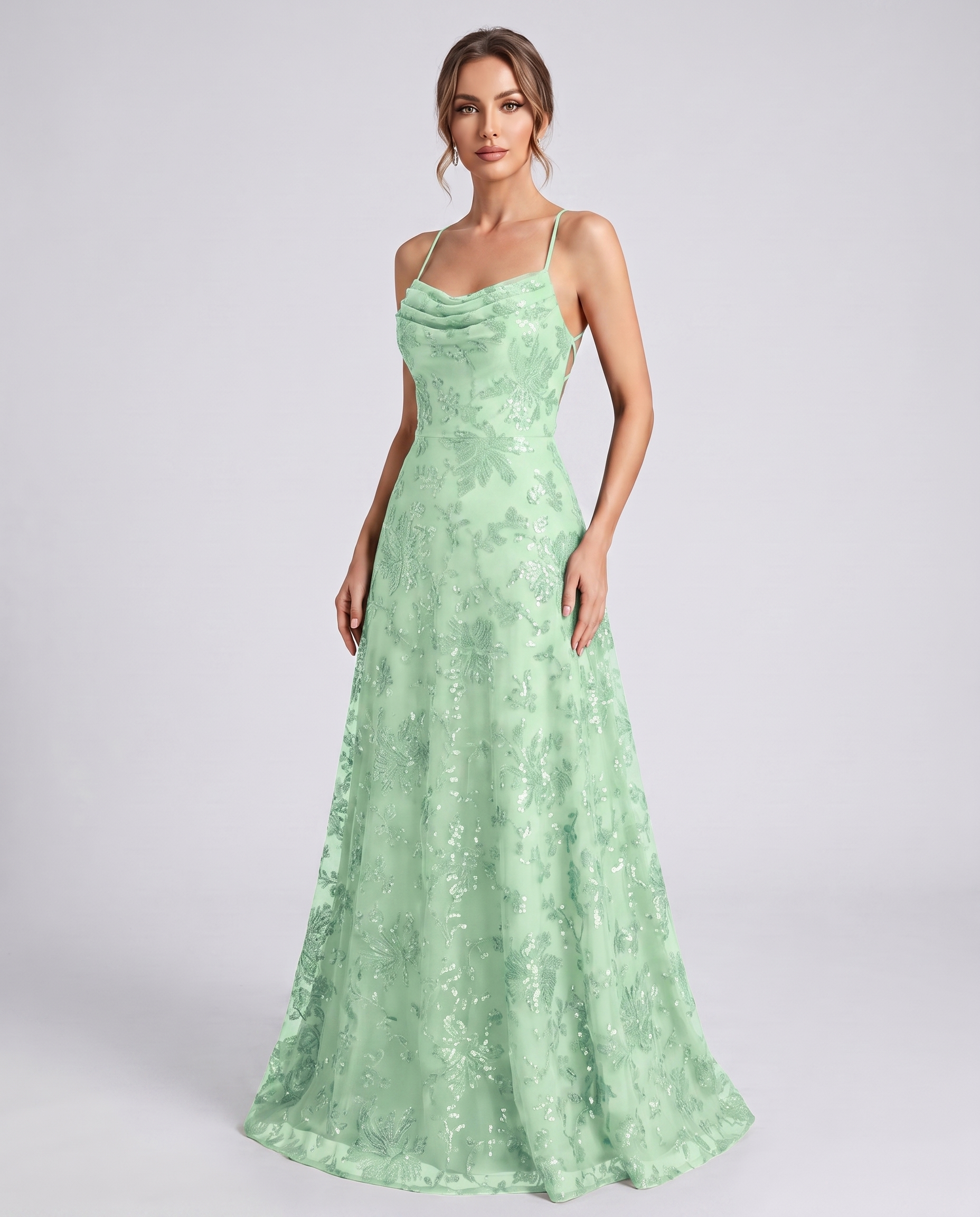 Mint Sequined Lace Spaghetti Strap Cowl Neck A-Line Maxi Dress | Ramblion