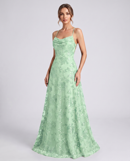 Mint Sequined Lace Spaghetti Strap Cowl Neck A-Line Maxi Dress | Ramblion
