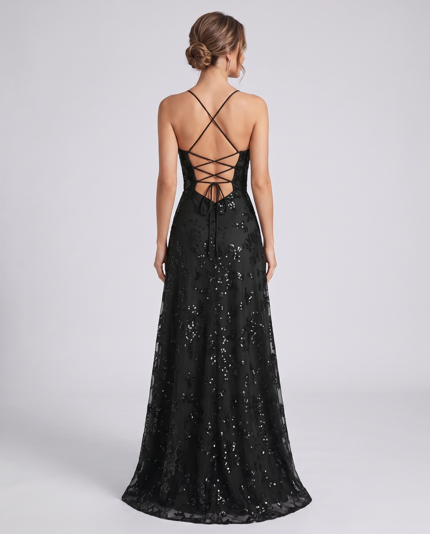 Black Sequined Lace Spaghetti Strap Cowl Neck A-Line Maxi Dress | Ramblion | SKU: CM-726405193847261-BLACK-L,CM-726405193847261-BLACK-M,CM-726405193847261-BLACK-S,CM-726405193847261-BLACK-XL,CM-726405193847261-BLACK-XS