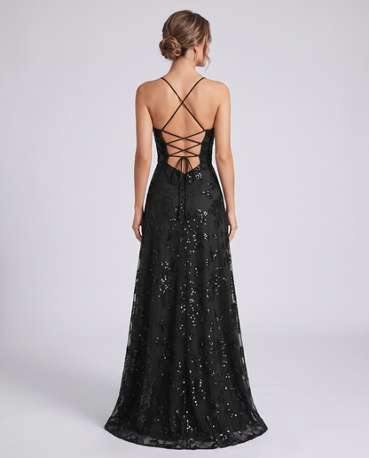 Black Sequined Lace Spaghetti Strap Cowl Neck A-Line Maxi Dress | Ramblion | SKU: CM-726405193847261-BLACK-L,CM-726405193847261-BLACK-M,CM-726405193847261-BLACK-S,CM-726405193847261-BLACK-XL,CM-726405193847261-BLACK-XS