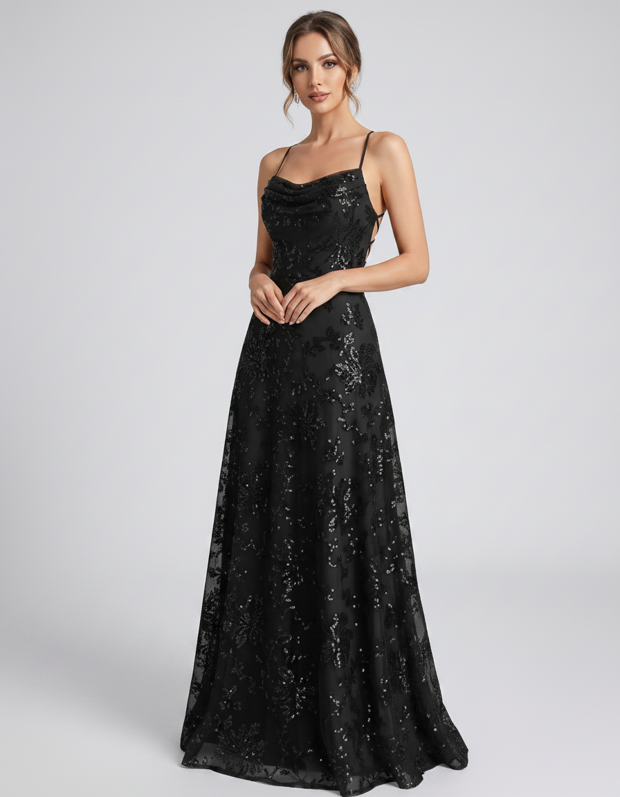 Black Sequined Lace Spaghetti Strap Cowl Neck A-Line Maxi Dress | Ramblion | SKU: CM-726405193847261-BLACK-L,CM-726405193847261-BLACK-M,CM-726405193847261-BLACK-S,CM-726405193847261-BLACK-XL,CM-726405193847261-BLACK-XS