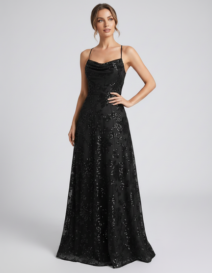 Black Sequined Lace Spaghetti Strap Cowl Neck A-Line Maxi Dress | Ramblion | SKU: CM-726405193847261-BLACK-L,CM-726405193847261-BLACK-M,CM-726405193847261-BLACK-S,CM-726405193847261-BLACK-XL,CM-726405193847261-BLACK-XS