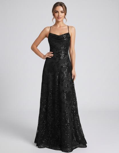 Black Sequined Lace Spaghetti Strap Cowl Neck A-Line Maxi Dress | Ramblion | SKU: CM-726405193847261-BLACK-L,CM-726405193847261-BLACK-M,CM-726405193847261-BLACK-S,CM-726405193847261-BLACK-XL,CM-726405193847261-BLACK-XS