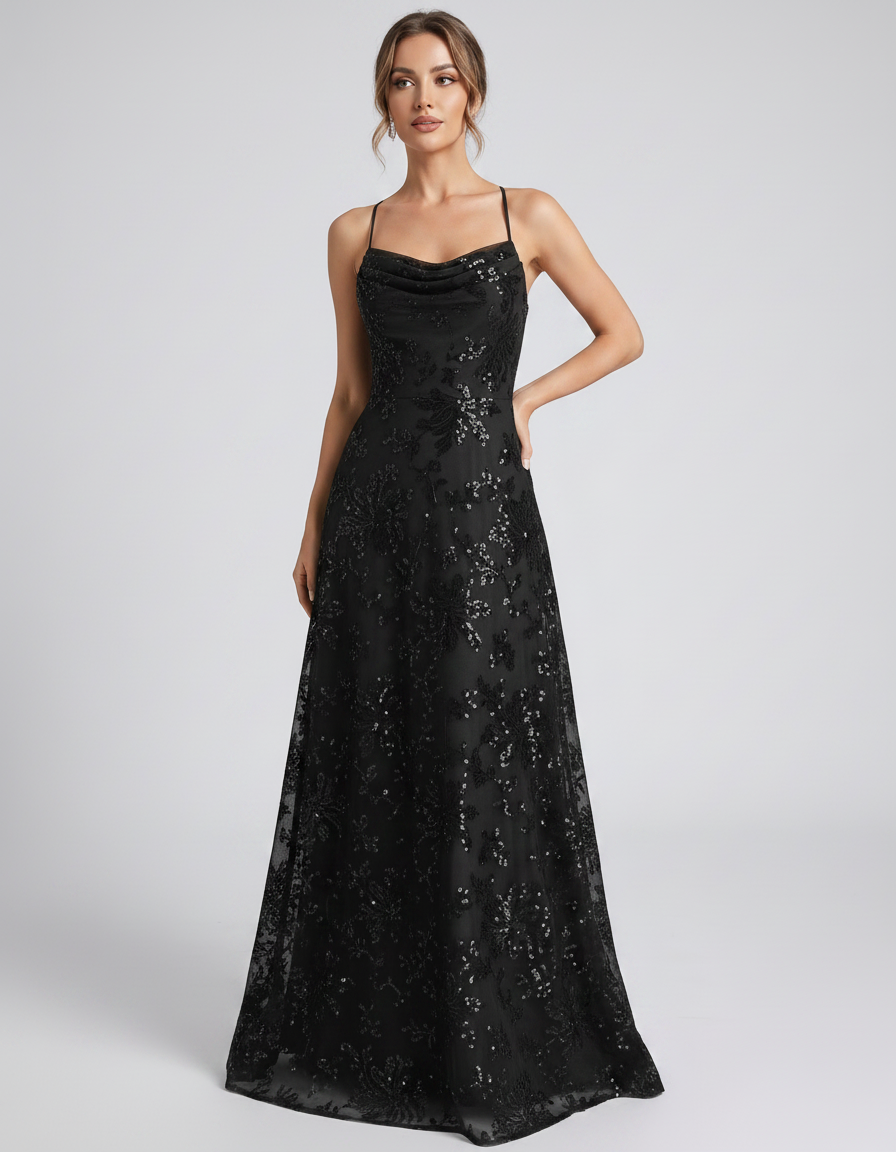 Black Sequined Lace Spaghetti Strap Cowl Neck A-Line Maxi Dress | Ramblion | SKU: CM-726405193847261-BLACK-L,CM-726405193847261-BLACK-M,CM-726405193847261-BLACK-S,CM-726405193847261-BLACK-XL,CM-726405193847261-BLACK-XS
