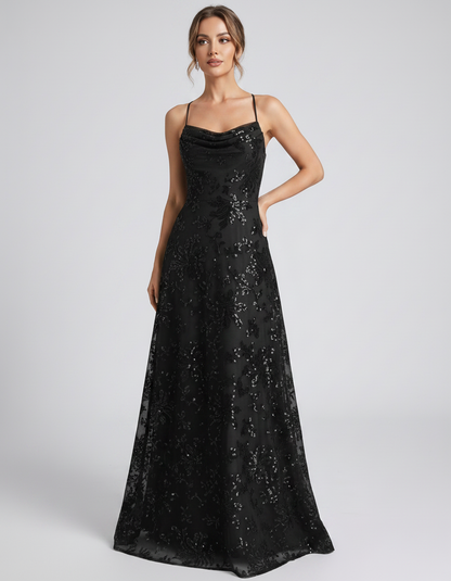 Black Sequined Lace Spaghetti Strap Cowl Neck A-Line Maxi Dress | Ramblion | SKU: CM-726405193847261-BLACK-L,CM-726405193847261-BLACK-M,CM-726405193847261-BLACK-S,CM-726405193847261-BLACK-XL,CM-726405193847261-BLACK-XS
