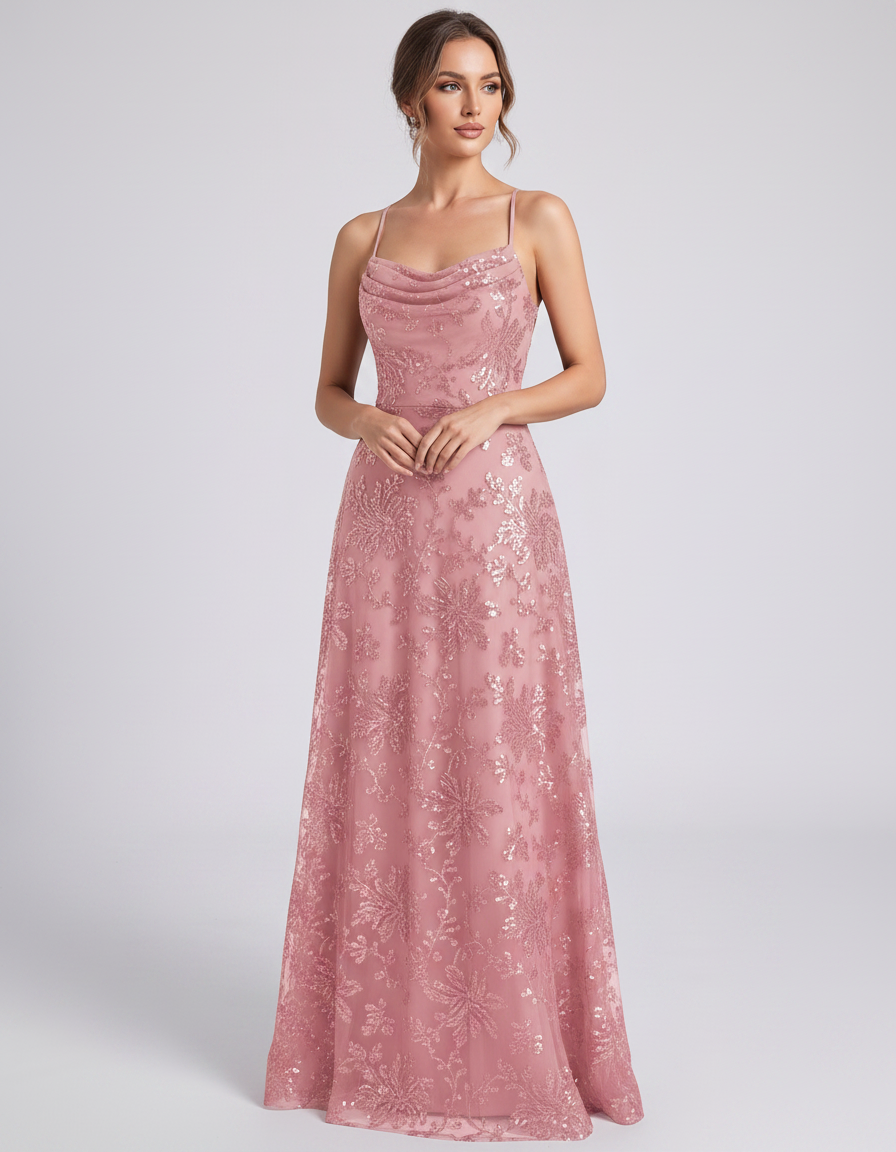 Blush Sequined Lace Spaghetti Strap Cowl Neck A-Line Maxi Dress | Ramblion | SKU: CM-726405193847261-BLUSH-L,CM-726405193847261-BLUSH-M,CM-726405193847261-BLUSH-S,CM-726405193847261-BLUSH-XL,CM-726405193847261-BLUSH-XS