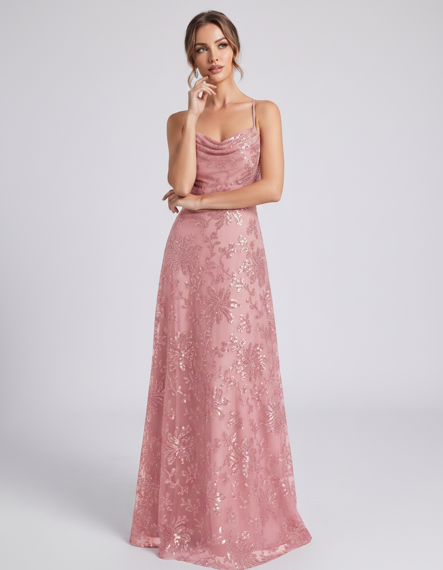 Blush Sequined Lace Spaghetti Strap Cowl Neck A-Line Maxi Dress | Ramblion | SKU: CM-726405193847261-BLUSH-L,CM-726405193847261-BLUSH-M,CM-726405193847261-BLUSH-S,CM-726405193847261-BLUSH-XL,CM-726405193847261-BLUSH-XS
