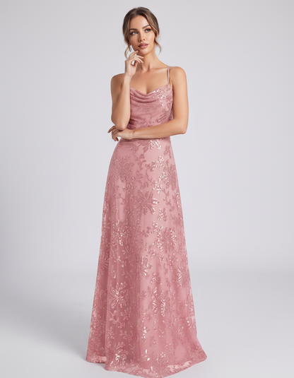 Blush Sequined Lace Spaghetti Strap Cowl Neck A-Line Maxi Dress | Ramblion | SKU: CM-726405193847261-BLUSH-L,CM-726405193847261-BLUSH-M,CM-726405193847261-BLUSH-S,CM-726405193847261-BLUSH-XL,CM-726405193847261-BLUSH-XS
