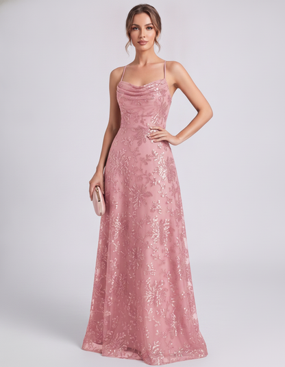 Blush Sequined Lace Spaghetti Strap Cowl Neck A-Line Maxi Dress | Ramblion | SKU: CM-726405193847261-BLUSH-L,CM-726405193847261-BLUSH-M,CM-726405193847261-BLUSH-S,CM-726405193847261-BLUSH-XL,CM-726405193847261-BLUSH-XS