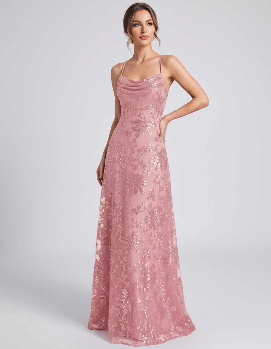 Blush Sequined Lace Spaghetti Strap Cowl Neck A-Line Maxi Dress | Ramblion | SKU: CM-726405193847261-BLUSH-L,CM-726405193847261-BLUSH-M,CM-726405193847261-BLUSH-S,CM-726405193847261-BLUSH-XL,CM-726405193847261-BLUSH-XS
