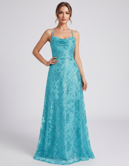 Blue Sequined Lace Spaghetti Strap Cowl Neck A-Line Maxi Dress | Ramblion | SKU: CM-726405193847261-BLUE-L,CM-726405193847261-BLUE-M,CM-726405193847261-BLUE-S,CM-726405193847261-BLUE-XL,CM-726405193847261-BLUE-XS