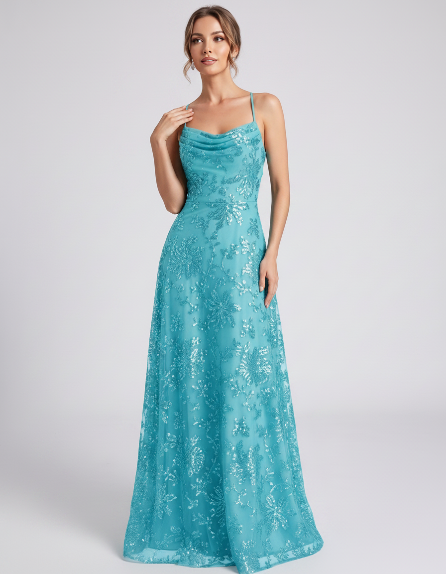 Blue Sequined Lace Spaghetti Strap Cowl Neck A-Line Maxi Dress | Ramblion | SKU: CM-726405193847261-BLUE-L,CM-726405193847261-BLUE-M,CM-726405193847261-BLUE-S,CM-726405193847261-BLUE-XL,CM-726405193847261-BLUE-XS