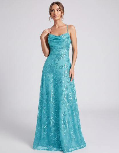 Blue Sequined Lace Spaghetti Strap Cowl Neck A-Line Maxi Dress | Ramblion | SKU: CM-726405193847261-BLUE-L,CM-726405193847261-BLUE-M,CM-726405193847261-BLUE-S,CM-726405193847261-BLUE-XL,CM-726405193847261-BLUE-XS