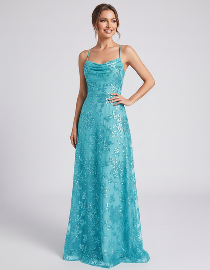 Blue Sequined Lace Spaghetti Strap Cowl Neck A-Line Maxi Dress | Ramblion | SKU: CM-726405193847261-BLUE-L,CM-726405193847261-BLUE-M,CM-726405193847261-BLUE-S,CM-726405193847261-BLUE-XL,CM-726405193847261-BLUE-XS