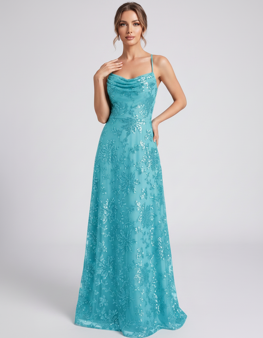 Blue Sequined Lace Spaghetti Strap Cowl Neck A-Line Maxi Dress | Ramblion | SKU: CM-726405193847261-BLUE-L,CM-726405193847261-BLUE-M,CM-726405193847261-BLUE-S,CM-726405193847261-BLUE-XL,CM-726405193847261-BLUE-XS