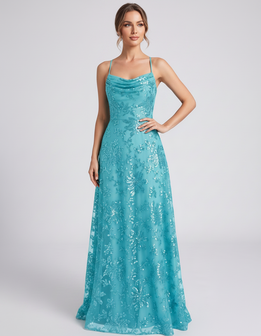 Blue Sequined Lace Spaghetti Strap Cowl Neck A-Line Maxi Dress | Ramblion | SKU: CM-726405193847261-BLUE-L,CM-726405193847261-BLUE-M,CM-726405193847261-BLUE-S,CM-726405193847261-BLUE-XL,CM-726405193847261-BLUE-XS