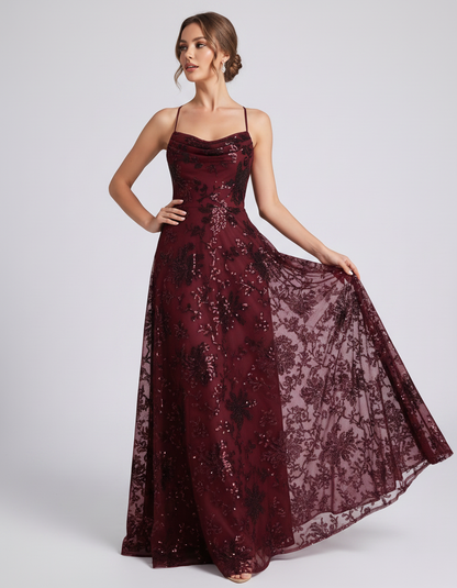 Burgundy Sequined Lace Spaghetti Strap Cowl Neck A-Line Maxi Dress | Ramblion | SKU: CM-726405193847261-BURGUNDY-L,CM-726405193847261-BURGUNDY-M,CM-726405193847261-BURGUNDY-S,CM-726405193847261-BURGUNDY-XL,CM-726405193847261-BURGUNDY-XS