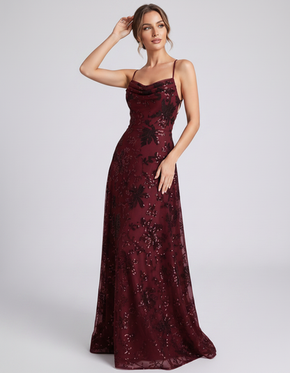 Burgundy Sequined Lace Spaghetti Strap Cowl Neck A-Line Maxi Dress | Ramblion | SKU: CM-726405193847261-BURGUNDY-L,CM-726405193847261-BURGUNDY-M,CM-726405193847261-BURGUNDY-S,CM-726405193847261-BURGUNDY-XL,CM-726405193847261-BURGUNDY-XS
